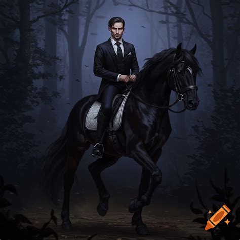 A man in a black suit is riding a black horse through a dark forest. on Craiyon