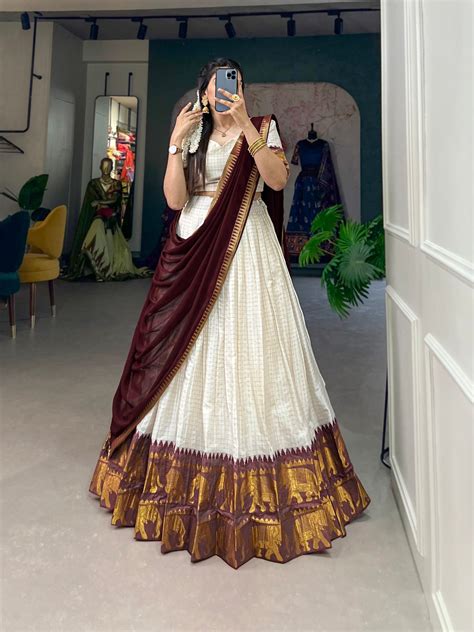 White Kalyani Cotton Lehenga Choli Set with Flowy Georgette