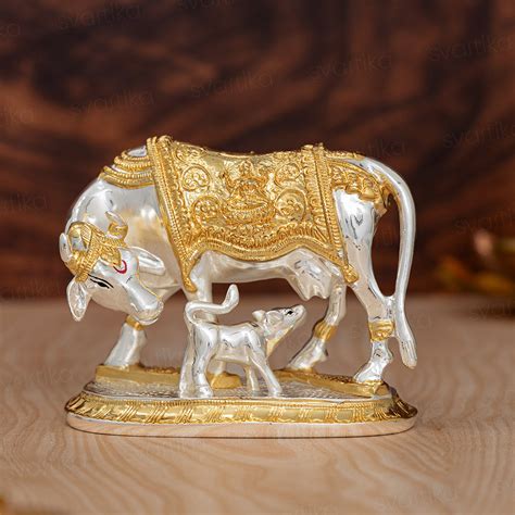 Kamdhenu Cow with Calf Idol - Gold & Silver Plated (2.5 inch)