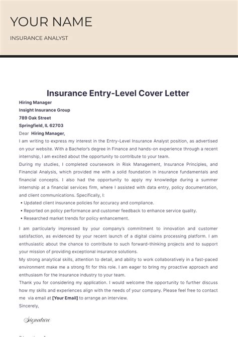 Free Insurance Entry Level Cover Letter Template to Edit Online