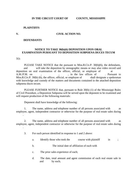 Mississippi Notice to Take 30(b)(6) Deposition - Blank Fillable ...