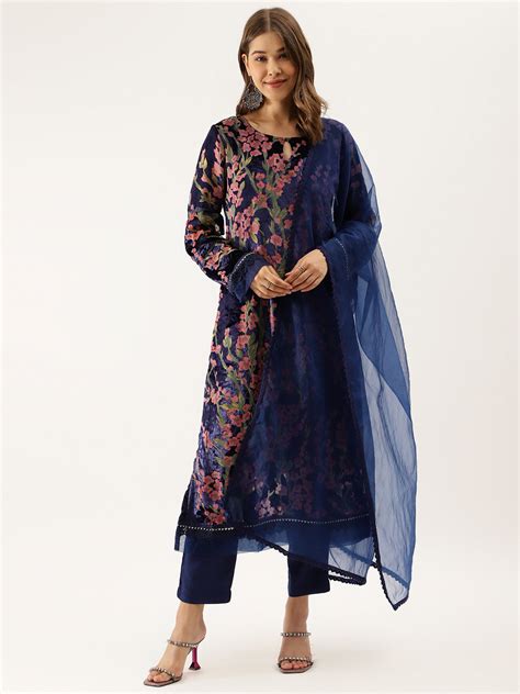 Divena Blue Floral Burnout Velvet Kurta Set with Organza Dupatta ...
