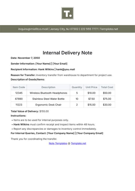 Free Collection and Delivery Note Template to Edit Online