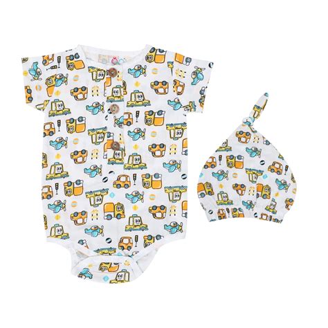 Muslin Bodysuit with Cap - Traffic Jam – Smiley Buttons
