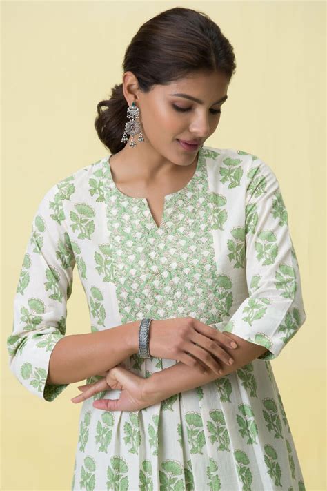 Buy Green Block Printed A-Line Cotton Kurta for Women | FGMK21-15 ...