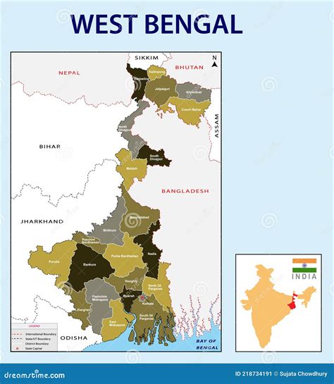 West Bengal Map. Showing International and State Boundary and District ...