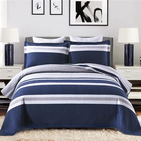 Amazon.com: PERHOM King Size Quilt Navy Blue Striped Quilts King Size ...