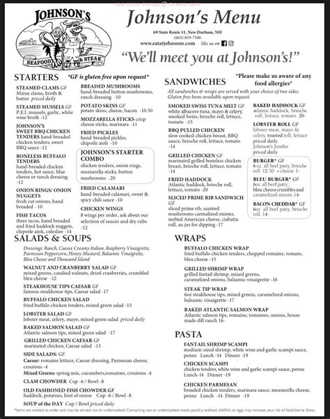 Menu at Johnsons Fish Shop restaurant, Durham