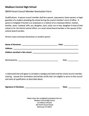 Fillable Online SBDM Parent Council Member Nomination Form Fax Email ...