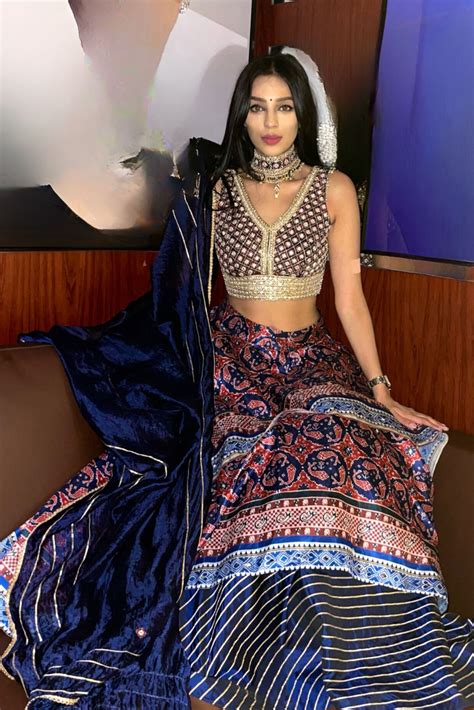 Blue Printed Embroidered Asymmetrical Lehenga | Aditi Gupta