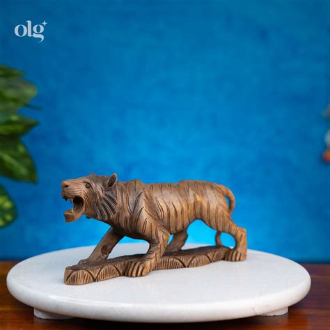 Realistic Wood Carved Tiger Sculpture for Home Decor and Spiritual ...