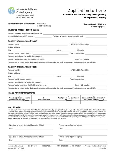 Fillable Online Application to Trade - Pre-TMDL Phosphorus Trading form ...