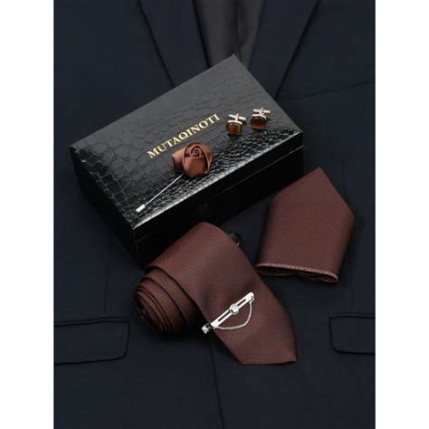 Buy MUTAQINOTI Men Solid Brown Tie with Pocket Square Tie Pin, Brooch ...
