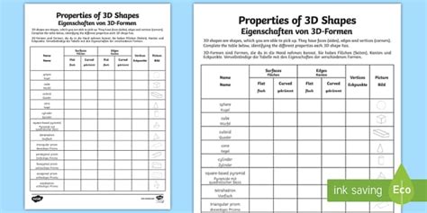 Properties of 3D Shapes Worksheet / Worksheet English/German