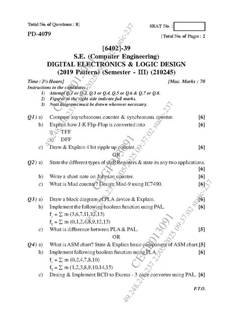 SEAT No. 23 - Digital Electronics Logic Design Exam (210245) - Studocu