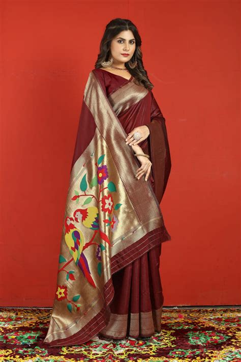 Flaunt Maroon Paithani Silk Saree With Stylish Blouse Piece ...