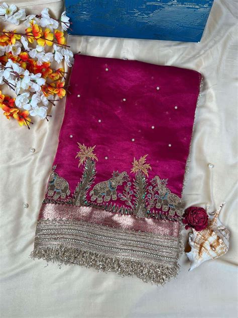 Hot Pink Gajgamini Tissue Silk Saree | Elephant Motifs – Mantavya