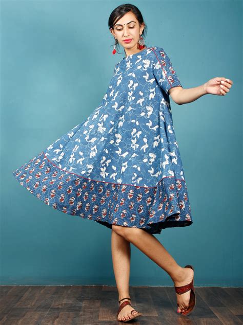 Indigo White Rust Hand Block Printed Cotton Short Dress - D266F1348 ...