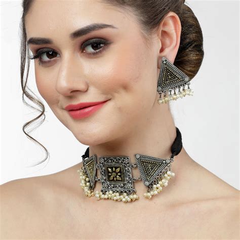 Buy Moedbuille Pearls Studded Antique Tribal Design Oxidised Silver ...