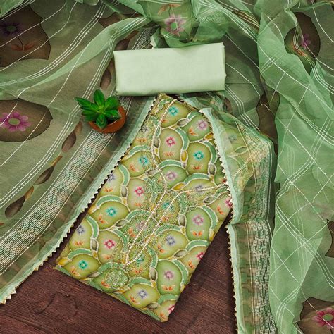 Green Floral Printed Organza Dress Material With Sequins Embroidery