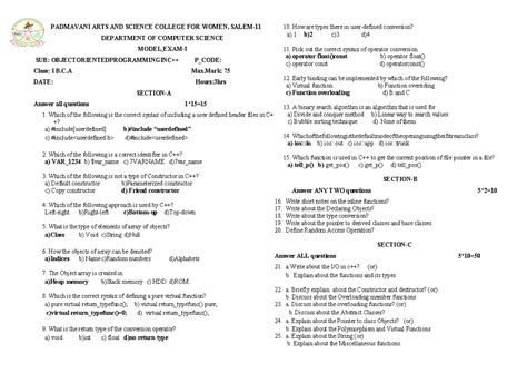 C++ Model Exam Questions for I BCA - Comprehensive Guide - Studocu