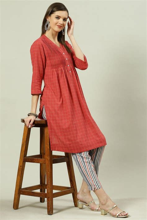 Rust Yarndyed Cotton Straight Kurta Slim Pant Suit Set