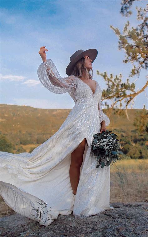 Modern Boho Wedding Gown with Long Sleeves - Essense of Australia Wedding Dresses