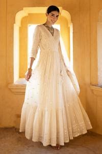 Buy Off White Cotton, Tulle, Net Mirrors Mulmul Angrakha Anarkali With ...