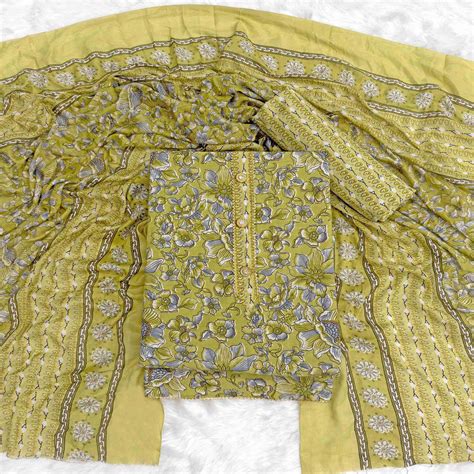 Elegant Olive Green Floral Printed Cotton Blend Dress Material Adorned