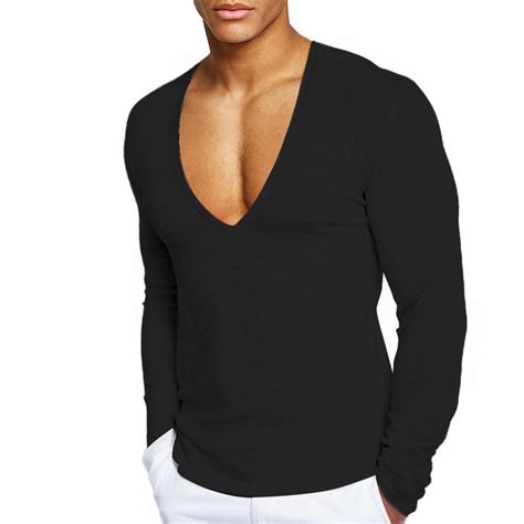 fatyb Men's V Neck Long Sleeve T-Shirts Cotton Muscle Tee Shirts Low ...