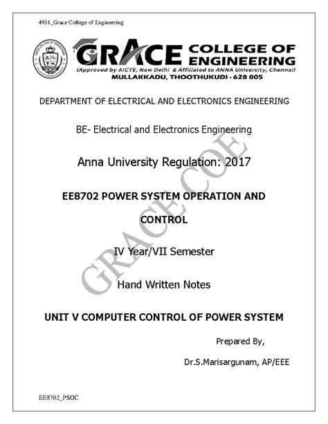 EE8702_PSOC Unit V Handwritten Notes - Power System Control - Studocu