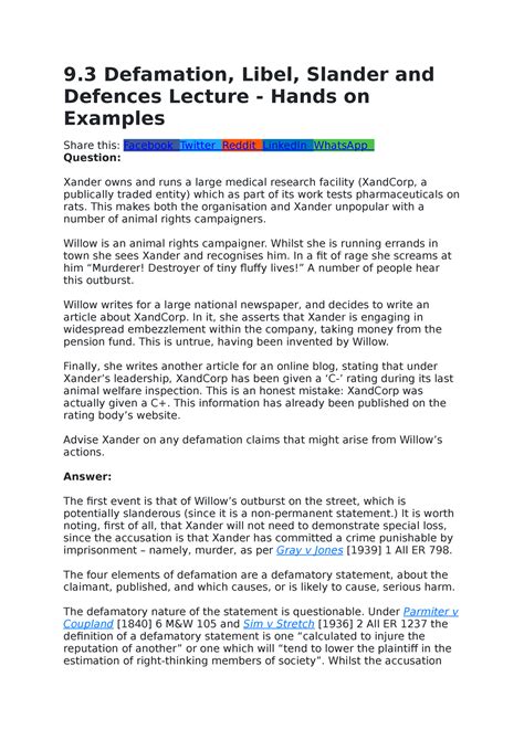 Answer 2 - 9 Defamation, Libel, Slander and Defences Lecture - Hands on ...