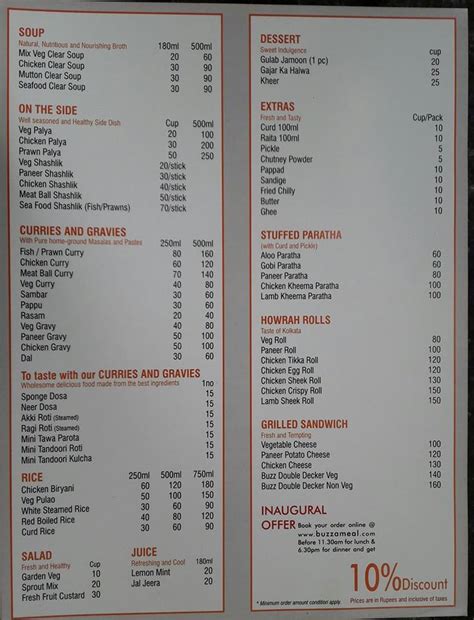 Menu at Buzz A Meal, Bengaluru, No. 99/4