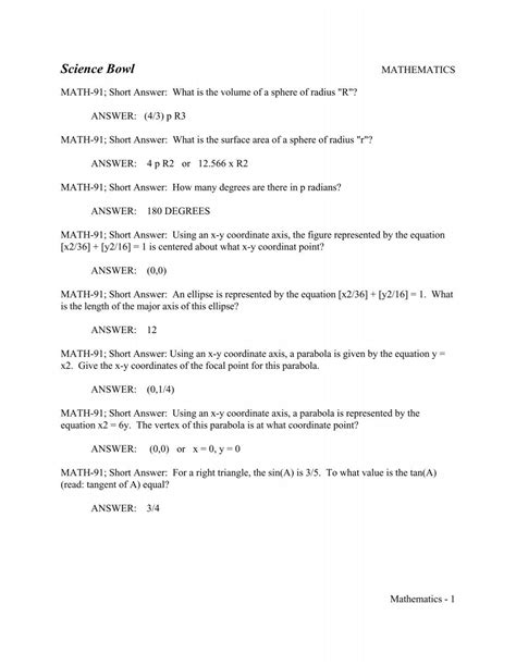 Science Bowl Questions/Answers for Mathematics