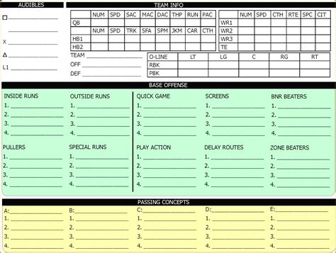 Football Offensive Play Call Sheet Template Excel
