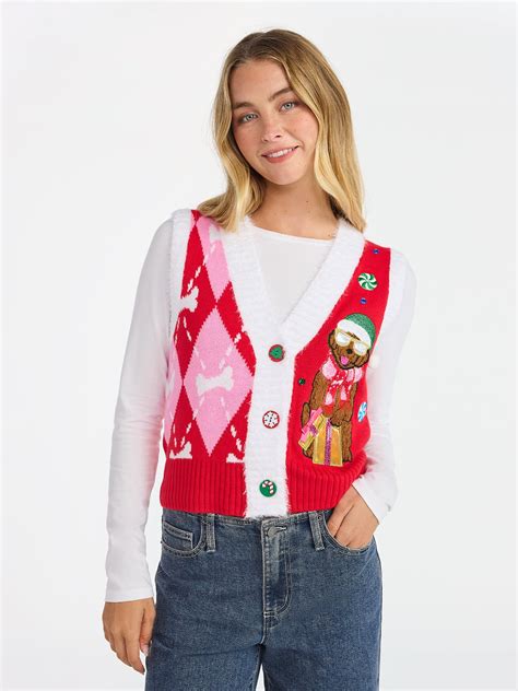 No Boundaries V-Neck Button Front Christmas Vest, Women’s - Walmart.com