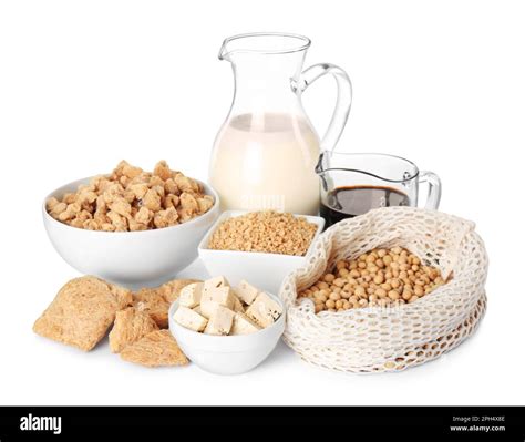 Different organic soy products on white background Stock Photo - Alamy