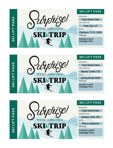 Editable Ski Trip Reveal Ticket, Ski Lift Pass, Customizable Instant ...