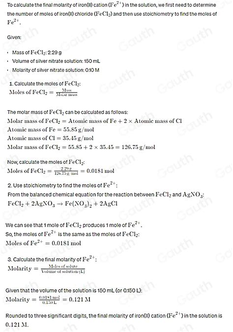 Solved: Suppose 2.29 g of iron(II) chloride is dissolved in 150. mL of ...