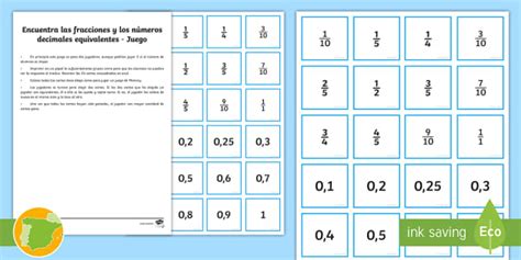 Juego: Fracciones y números decimales equivalentes