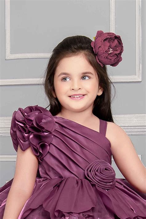 Designer Wine One Side Sleeve Frock With Floral Embellishment For Girl ...