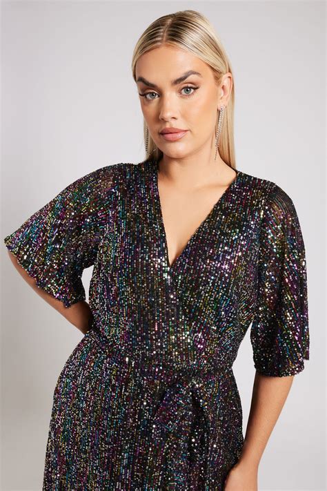 YOURS LONDON Plus Size Black Rainbow Sequin Wrap Dress | Yours Clothing