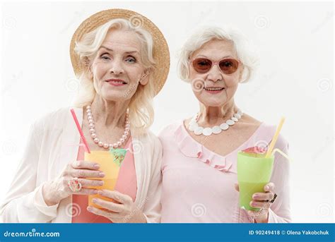 Happy Old Women Having Fun with Exotic Drink Stock Photo - Image of ...