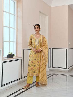 Buy Karaj Jaipur Mustard Yellow Neck Embroidered Gota Patti Chanderi ...