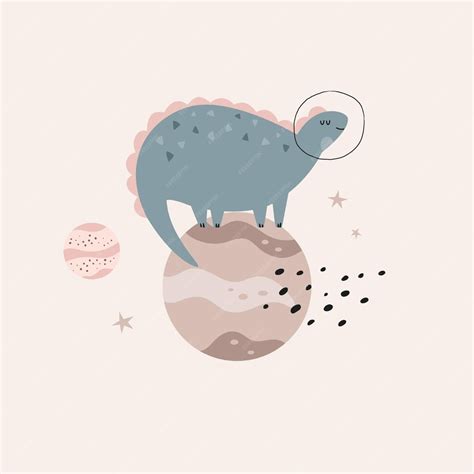 Funny illustration of dinosaur standing on a planet in a outer space ...