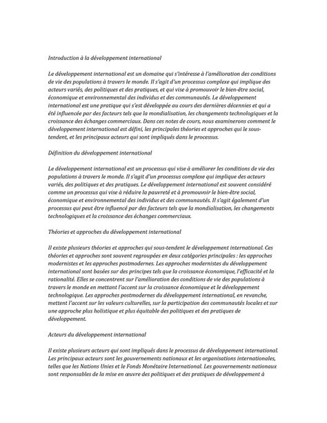 International Development Study Notes - Introduction à la développement ...