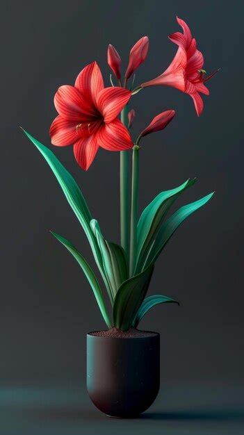 Amaryllis plant with red blooms in a dark pot rendered in isometric ...