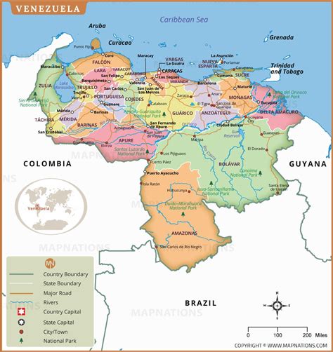 Map of Venezuela Showing Regions, Region Capital, Cities, Roads, and National Parks