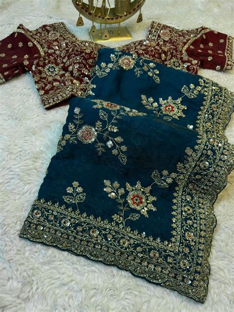 Premium Fendy Silk Saree with Heavy Floral Embroidery & Designer Borde ...