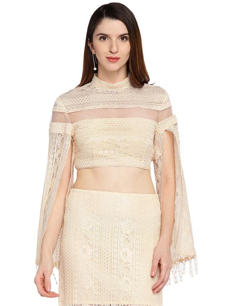 Khwaab Peach Sheer Yoke Slit Sleeves Crop Top : Amazon.in: Fashion